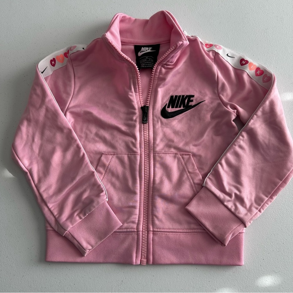 Nike Track Jacket Girls 3T Hearts Trim Pink Top Full Zip Athleisure - Picture 1 of 6